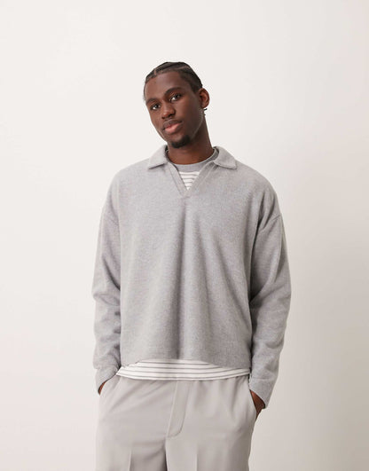 Heavyweight Oversized Polo Jumper With Brushed Rib Texture