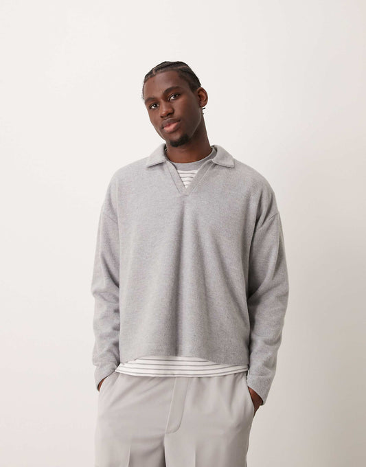 Heavyweight Oversized Polo Jumper With Brushed Rib Texture