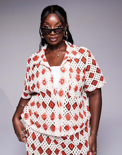 Curve Crochet Short Sleeve Beach Shirt Co-Ord