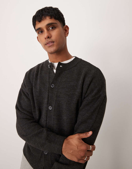 Relaxed Boxy Fit Knitted Crew Neck Cardigan