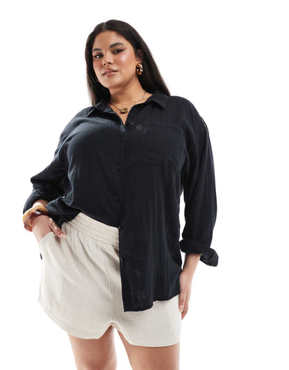 Curve Oversized Textured Cotton Shirt