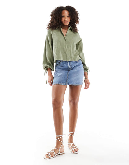 Cropped Textured Cotton Shirt