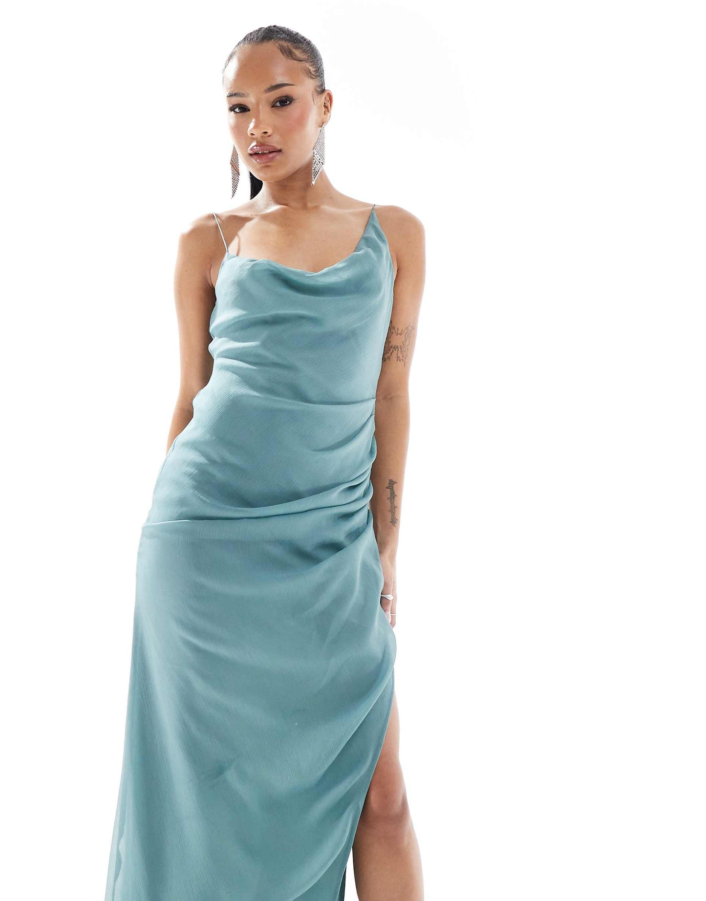 Petite Asymmetric Neck Maxi Dress With Draped Skirt And Cutaway Split