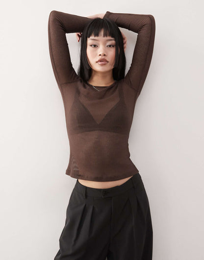 Long Sleeve Sheer Ribbed Top