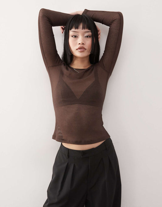 Long Sleeve Sheer Ribbed Top