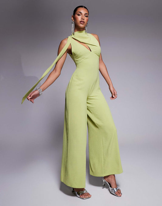 Cowl Draped Neck Wide Leg Jumpsuit With Tie Detail