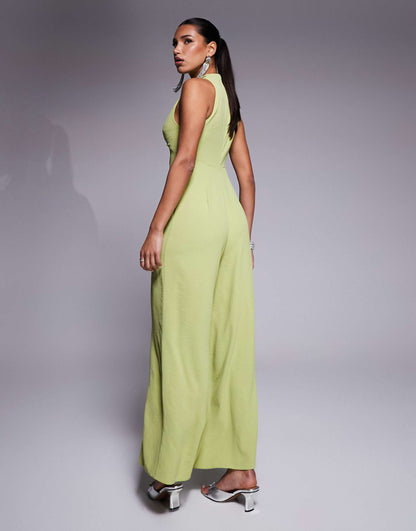 Cowl Draped Neck Wide Leg Jumpsuit With Tie Detail