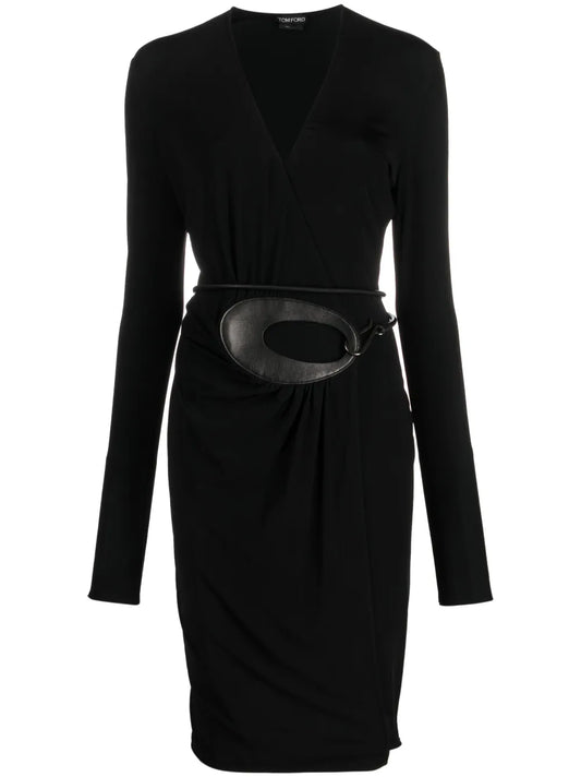 Belted-Waist V-Neck Dress
