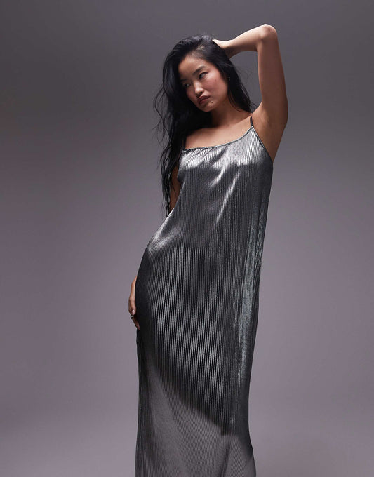 Spaghetti Strap Silver Plisse Cami Maxi Dress