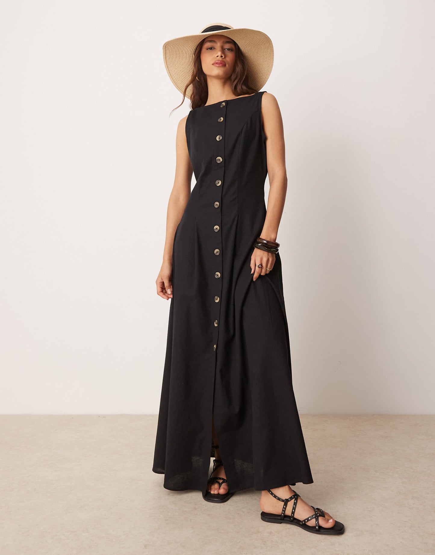 Slash Neck Button Down Waistcoat Maxi Dress Black