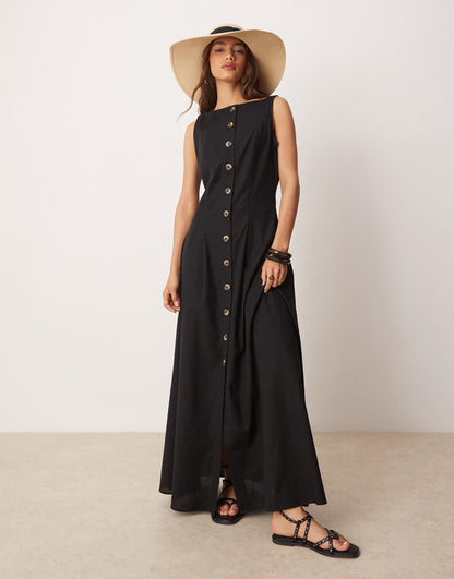 Slash Neck Button Down Waistcoat Maxi Dress Black