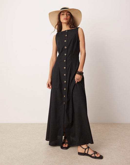 Slash Neck Button Down Waistcoat Maxi Dress Black