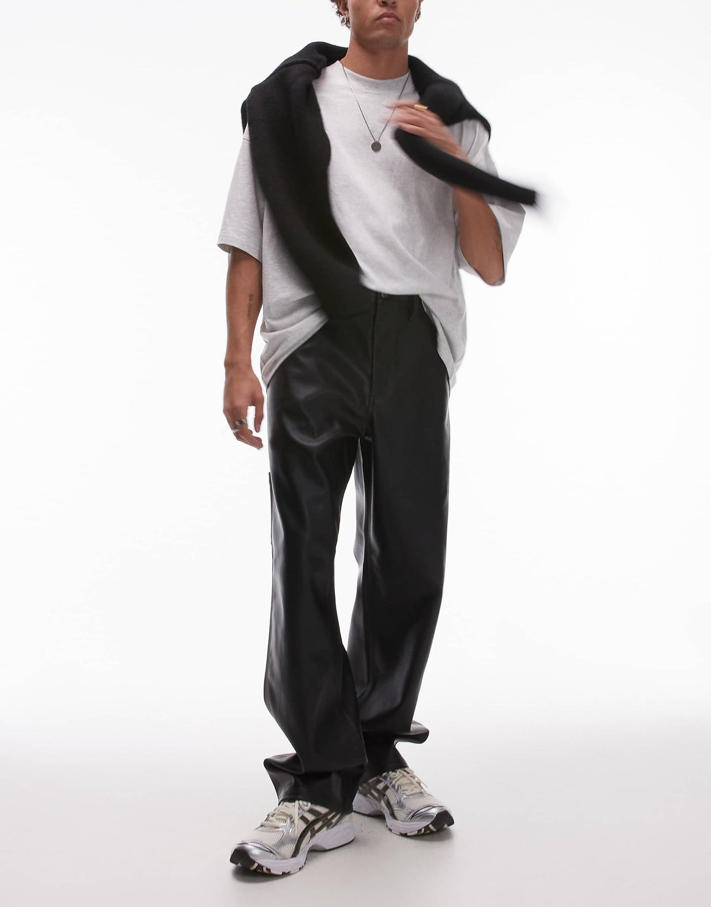 Single Knee Faux Leather Trousers