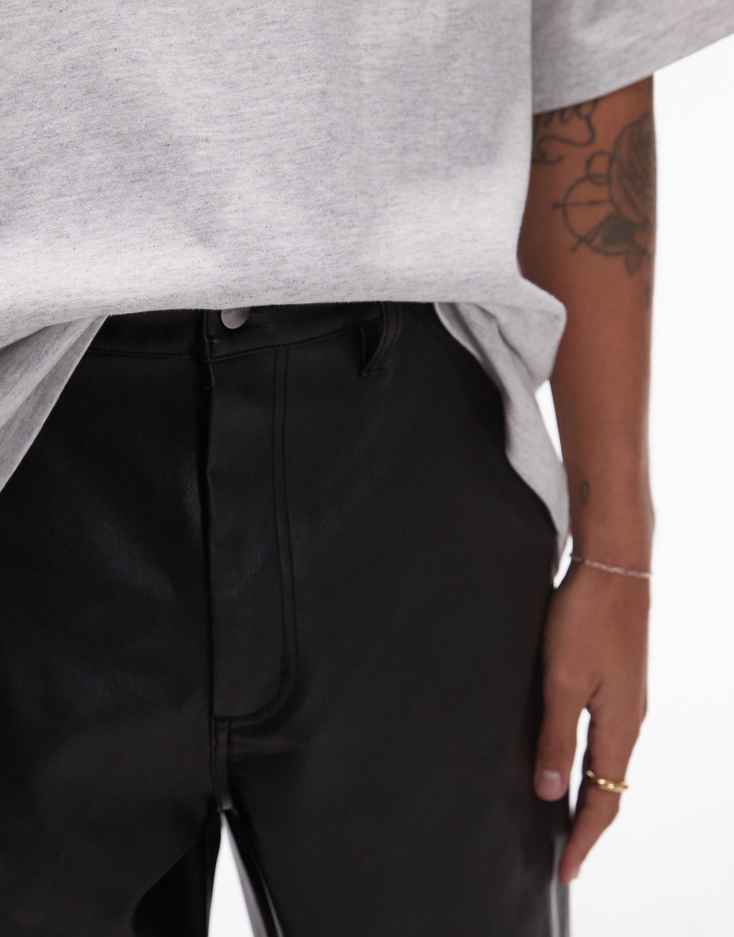 Single Knee Faux Leather Trousers