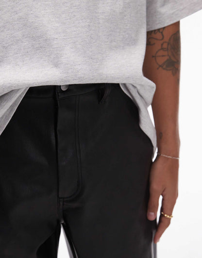 Single Knee Faux Leather Trousers