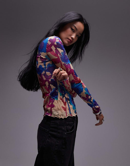 Crinkle Watercolour Floral Long Sleeve Top