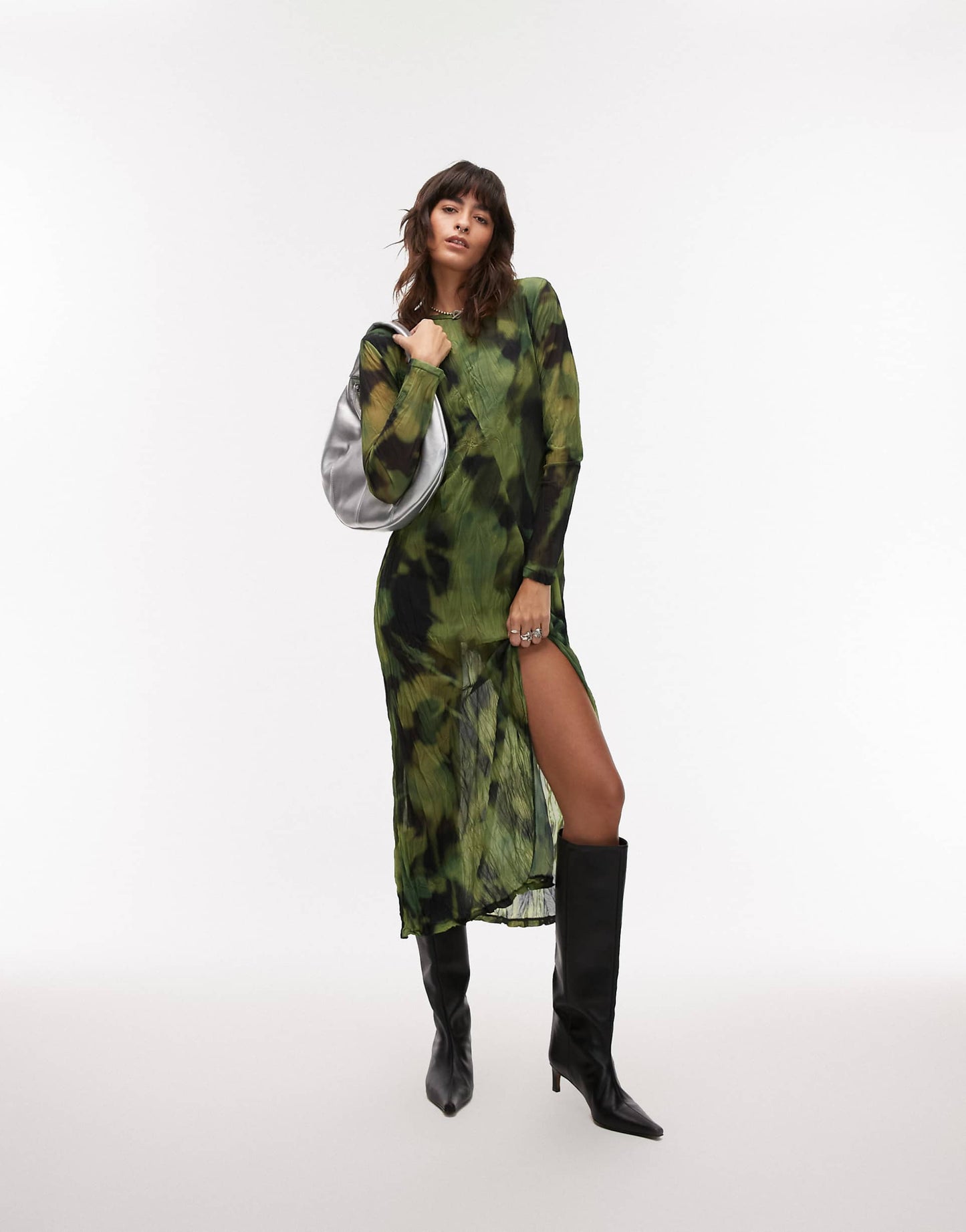 Blurred Floral Long Sleeve Midi Dress