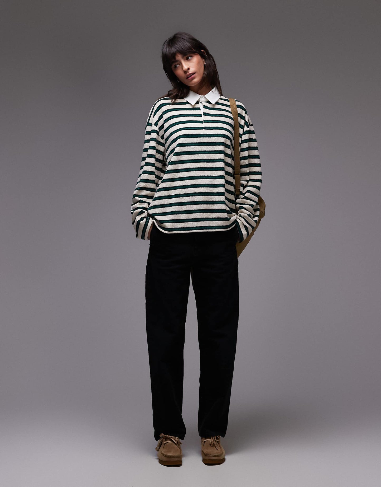 Towelling Stripe Long Sleeve Polo