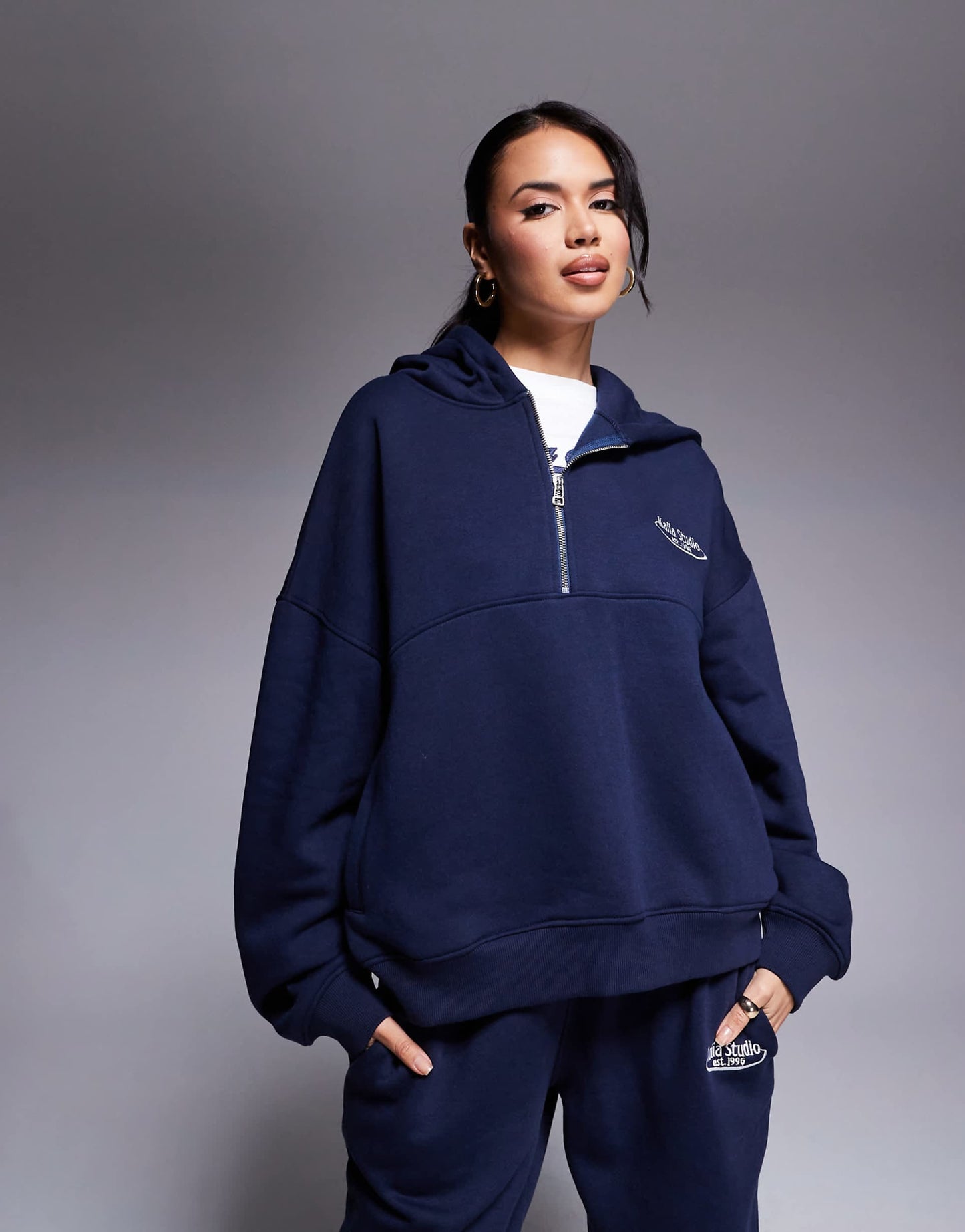 Studio 3/4 Zip Drop Shoulder Embroidered Logo Hoodie Co-Ord