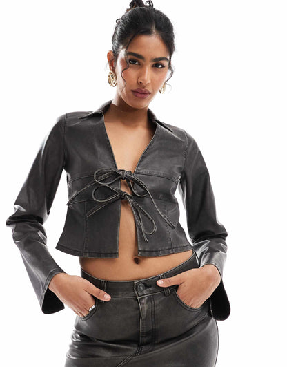 Faux Leather Tie Front Shirt