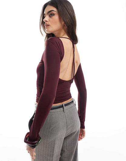 Long Sleeve Backless Detail Polyamide Top