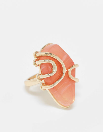 Curve Ring With Faux Semi Precious Pink Stone