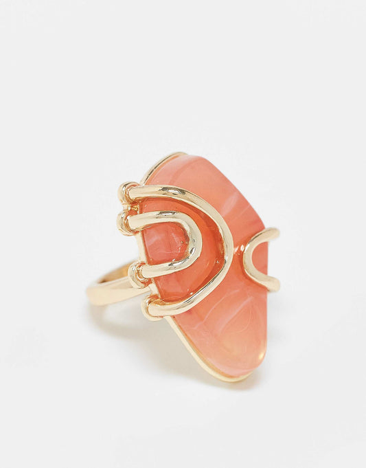 Curve Ring With Faux Semi Precious Pink Stone