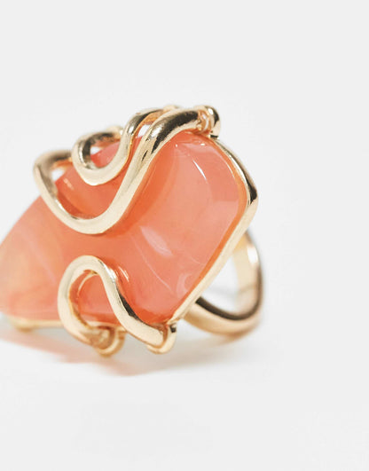 Curve Ring With Faux Semi Precious Pink Stone