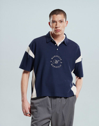 Boxy Heavyweight  230Gsm Waffle Texture Oversized Polo With Panelling And Chest Print