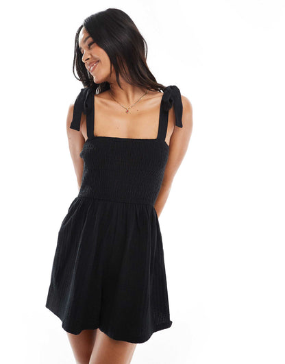 Tie Shoulder Seersucker Playsuit