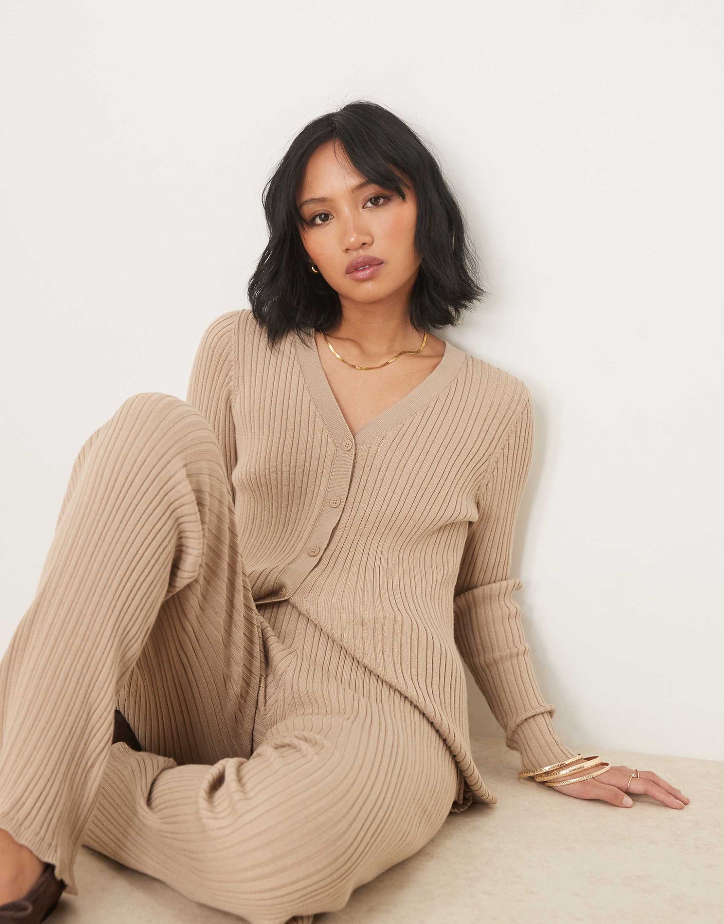 Petite Longline Ribbed Cardigan And Flare Trousers