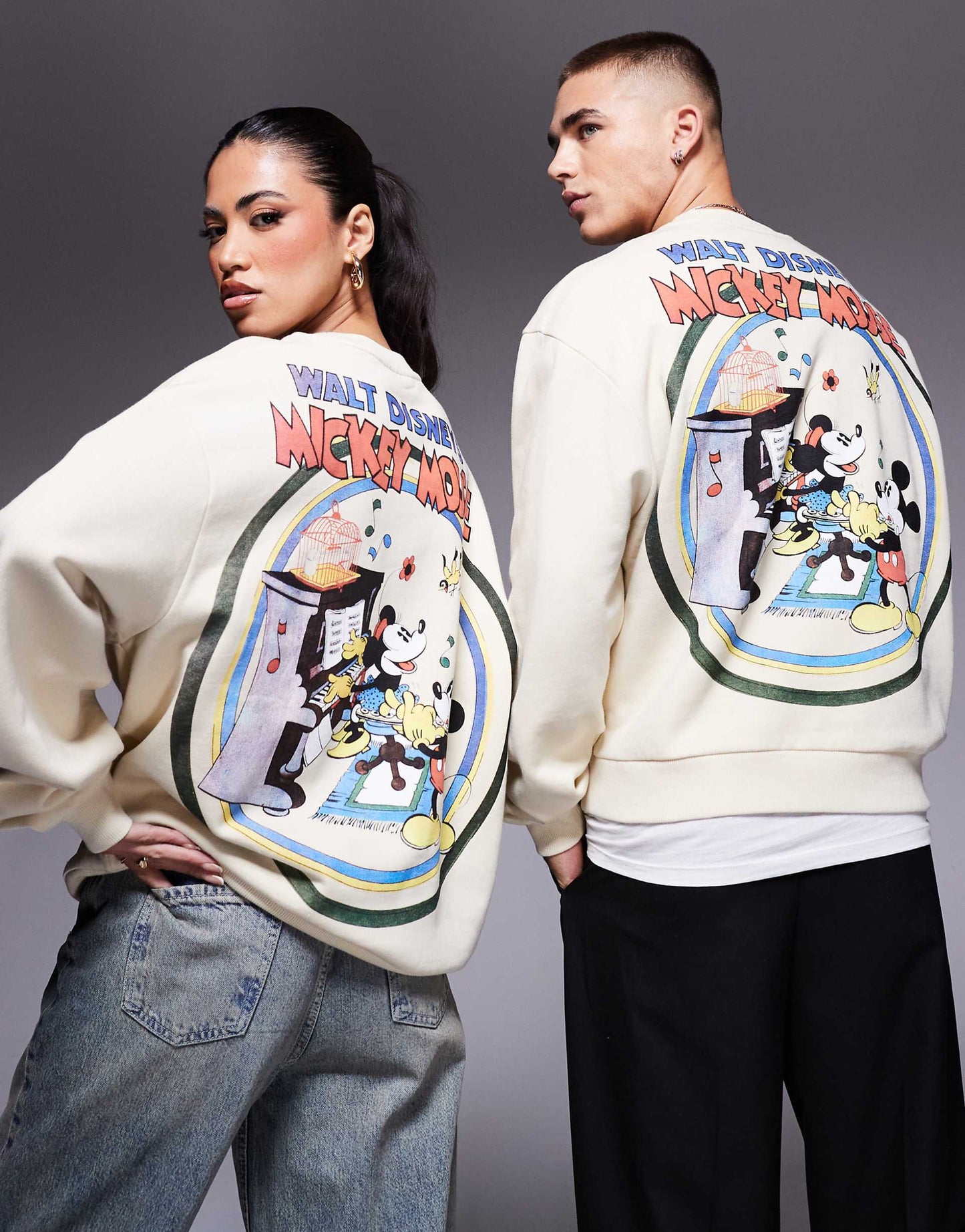 Disney Unisex Boxy Oversized Sweatshirt With Mickey Mouse & Minnie Mouse Prints
