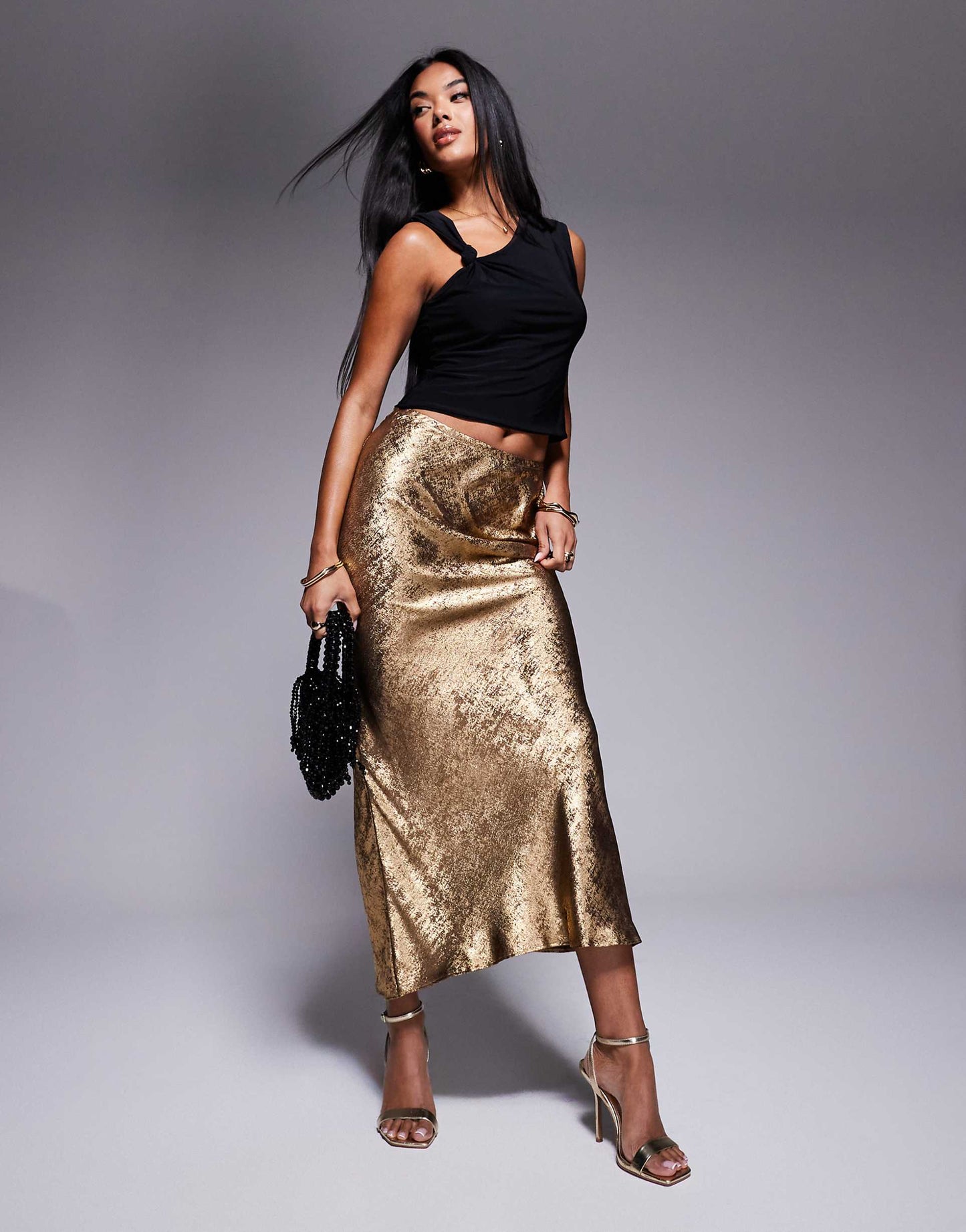 Foil Satin Midi Skirt