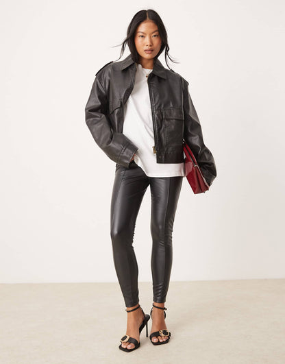 Petite Pu Front Seam Leggings