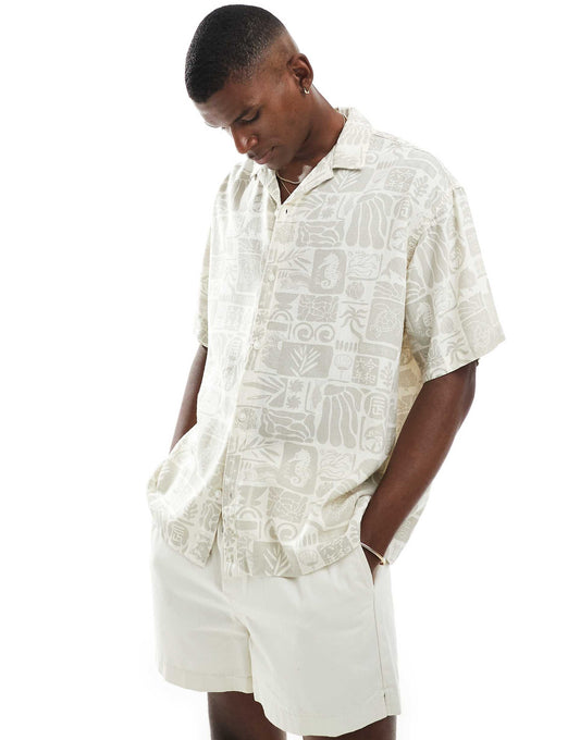 Revere Collar Linen Short Sleeve Shirt With Sealife Print