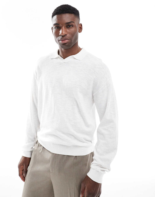 Slub Long Sleeved Knitted Polo