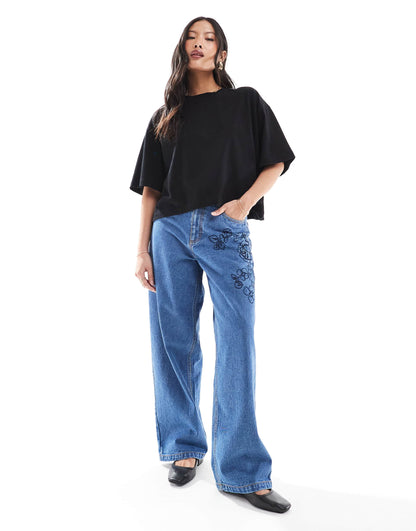 Petite Embroidered Floral Baggy Jean