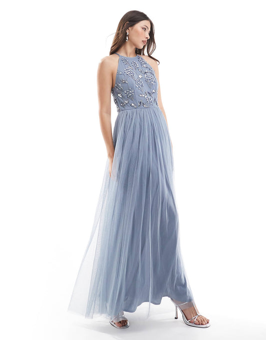 Floral Embellished Halter Neck Bridesmaid Maxi Dress