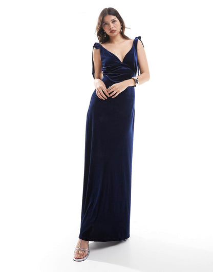 Tie Shoulder Velvet Maxi Dress