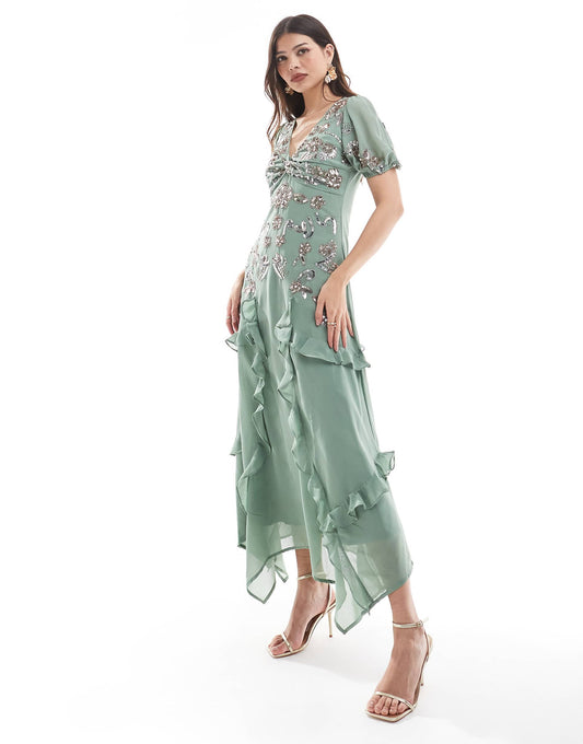 Embellished Twist Bodice Asymmetric Hem Midi Dress
