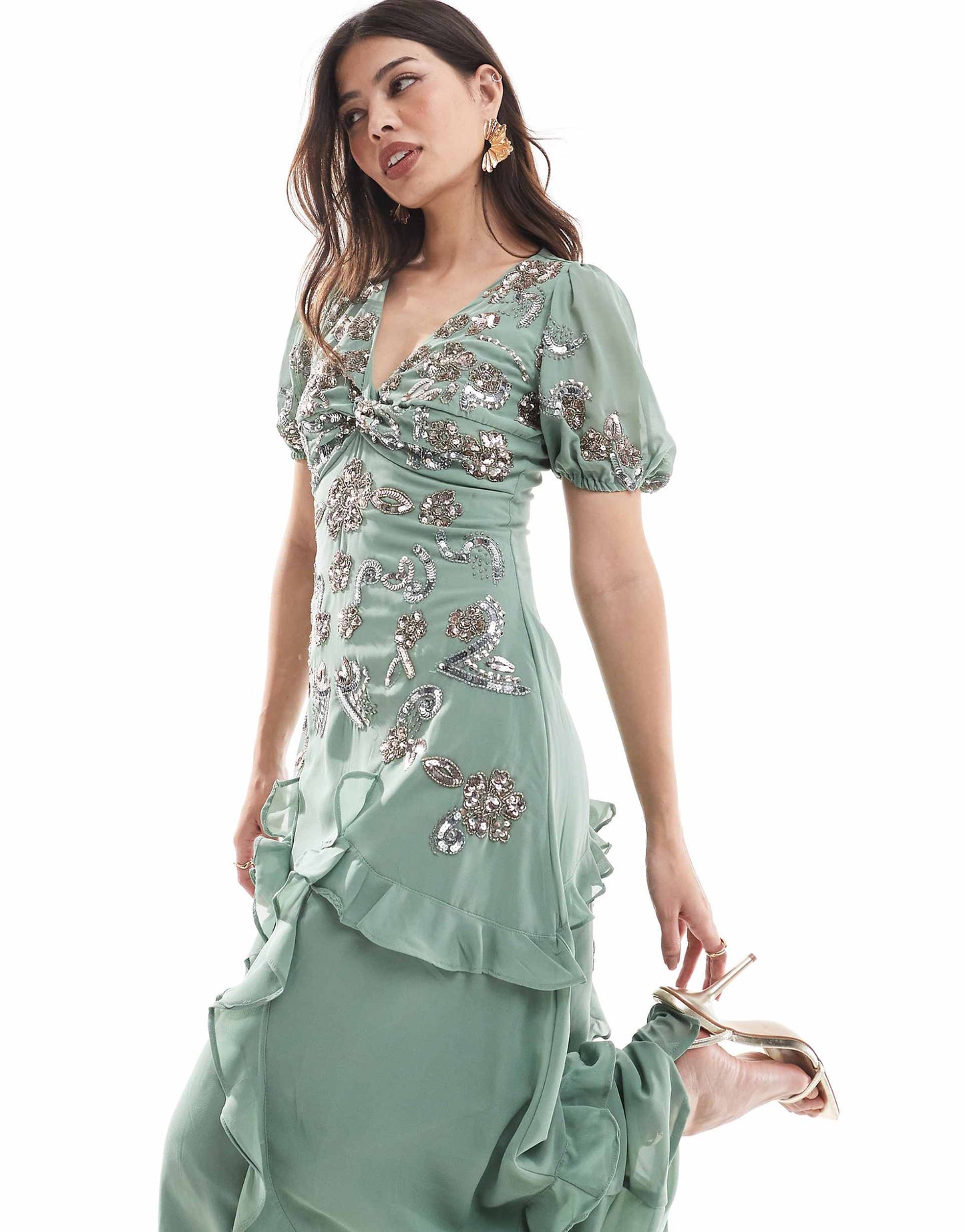 Embellished Twist Bodice Asymmetric Hem Midi Dress