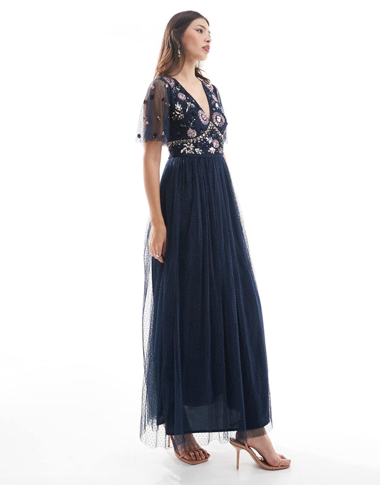 Embellished Navy Spot Mesh Maxi Bridesmaid Dress
