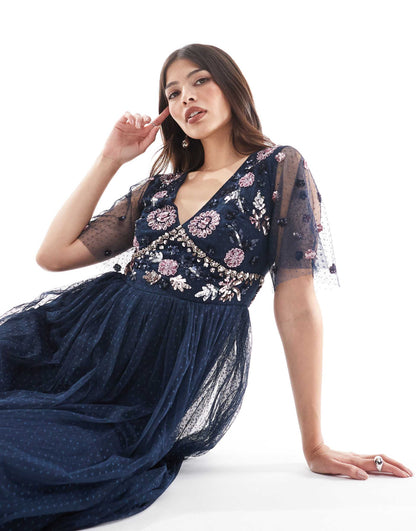 Embellished Navy Spot Mesh Maxi Bridesmaid Dress