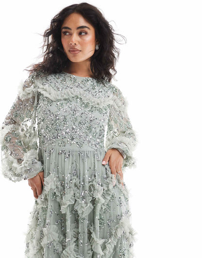 Embellished Blouson Sleeve Maxi Dress