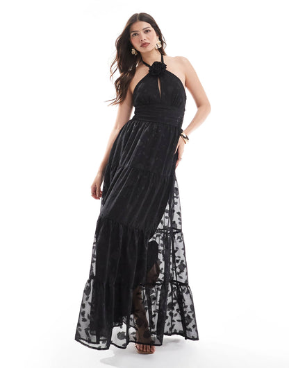 Corsage Halter Floral Maxi Dress