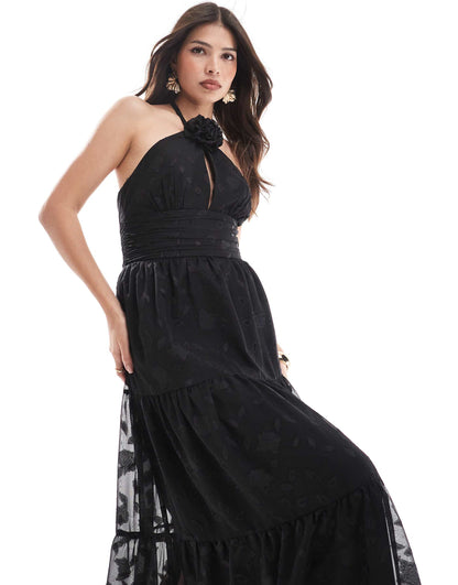 Corsage Halter Floral Maxi Dress