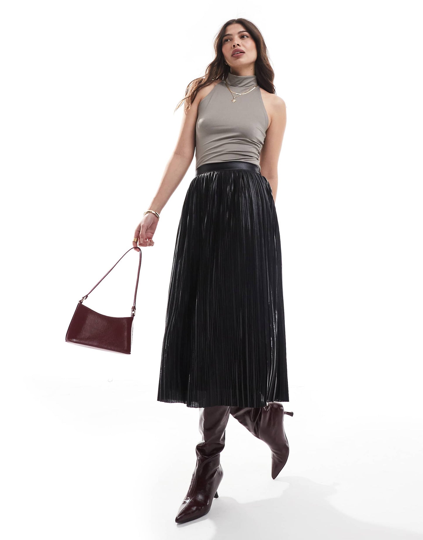 Metallic Pleated Midi Skirt