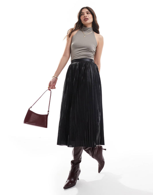 Metallic Pleated Midi Skirt