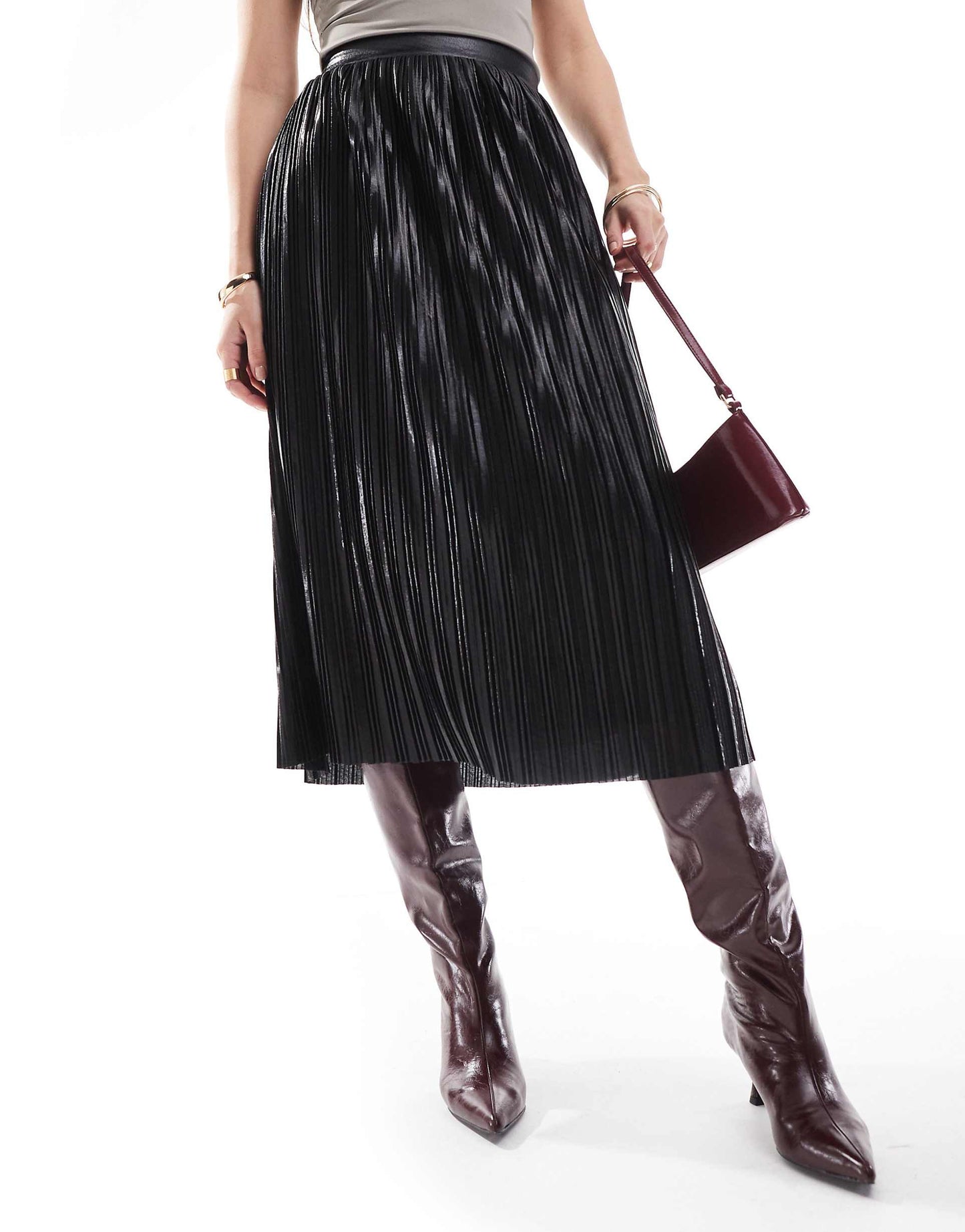Metallic Pleated Midi Skirt