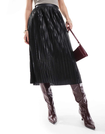 Metallic Pleated Midi Skirt